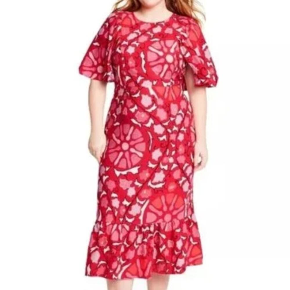 RHODE x TARGET NWT Linen Zinnia Floral Print Bell Sleeve Midi Dress Red Pink 14